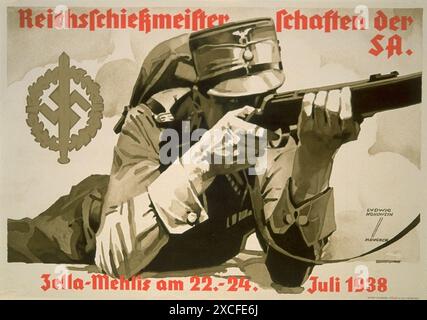 Une affiche nazie de 1938 promouvant le championnat de tir sa le 22-24 juillet 1938. Les sa (Sturmabteilung) étaient l'aile paramilitaire du parti nazi, également connue sous le nom de browshirts. Banque D'Images