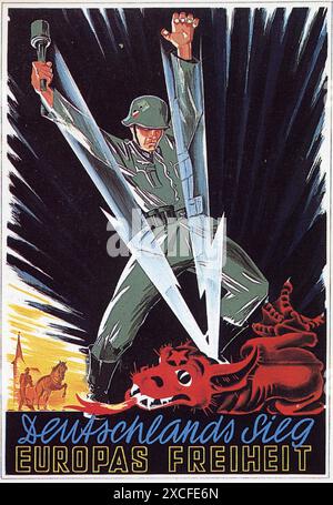 Une affiche de propagande anticommuniste nazie de 1941. Publié lors de l'opération Barbarossa (l'invasion nazie de l'Union soviétique), il montre un soldat allemand vainquant un dragon rouge couché avec deux éclairs. Banque D'Images