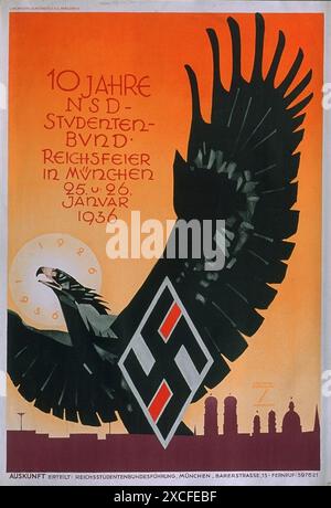 Affiche de propagande nazie de 1936 pour l'Union nationale socialiste des étudiants allemands (Nationalsozialistischer Deutscher Studentenbund, abrégé NSDStB). Cette organisation a été fondée en 1926 en tant que division du parti nazi avec pour mission d'intégrer l'enseignement universitaire et la vie académique dans le cadre de la vision du monde nazie. etc Banque D'Images