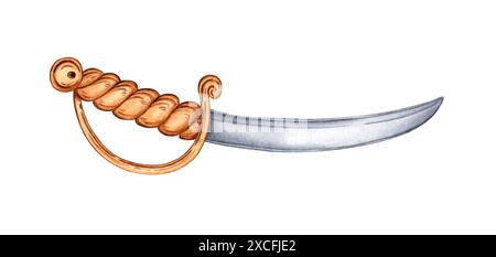 Sabre avec Hilt en laiton, illustration aquarelle. Une lame d'infanterie de mêlée incurvée isolée de l'arrière-plan. Pour la décoration de vacances, parad militaire Banque D'Images