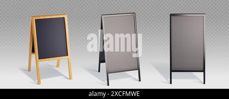 Tableaux noirs placés isolés sur fond transparent. Illustration réaliste vectorielle de panneaux publicitaires en bois et en plastique vue avant, affichages de menu avec surface vierge, conception de bannière promo Illustration de Vecteur