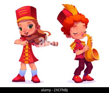 Mignons enfants en mars défilent uniforme rouge avec des instruments de musique. Petit enfant garçon et fille musiciens avec violon et saxophone. Ensemble vectoriel de dessin animé du groupe jouant la bande d'orchestre de l'école de musique. Illustration de Vecteur