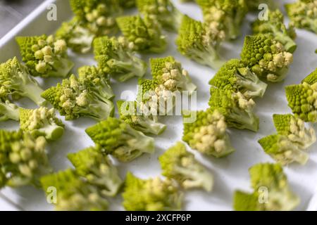 Gros plan de bouquets de brocoli romanesco coupés disposés en rangée sur une plaque de cuisson blanche Banque D'Images