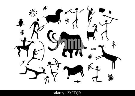 Silhouettes de grottes des premiers humains, accompagnées de chevaux, de cerfs et de taureaux, capturées dans le style des peintures rupestres anciennes. Dessin préhistorique Illustration de Vecteur