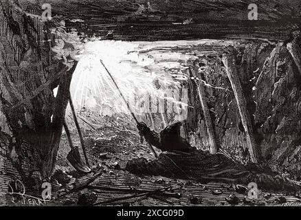 Le pénitent mettant le feu au gaz grisu dans une mine de charbon. Ancienne illustration gravée du XIXe siècle de la nature 1886 Banque D'Images