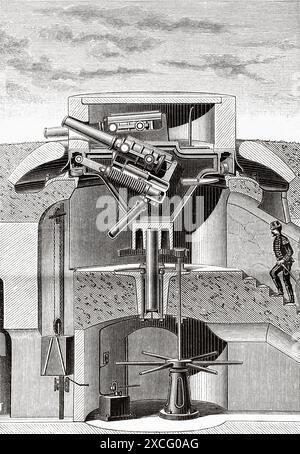 Tourelle blindée Mougin, pour deux canons de 155, système Bange. Ancienne illustration gravée du XIXe siècle de la nature 1886 Banque D'Images