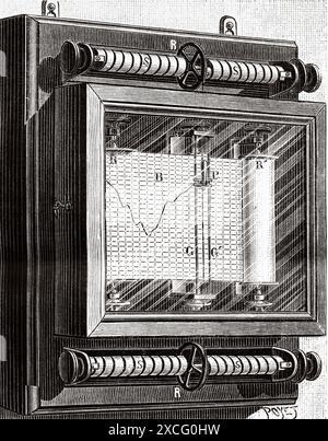 Ancien hygromètre à enregistrement par Albert Nodon. Ancienne illustration gravée du XIXe siècle de la nature 1886 Banque D'Images