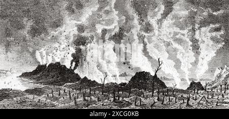 L’éruption du volcan du mont Tarawera le 10 juin 1886 dans l’île du Nord, Nouvelle-Zélande. Ancienne illustration gravée du XIXe siècle de la nature 1886 Banque D'Images