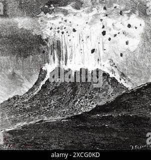 L’éruption du volcan du mont Tarawera le 10 juin 1886 dans l’île du Nord, Nouvelle-Zélande. Ancienne illustration gravée du XIXe siècle de la nature 1886 Banque D'Images