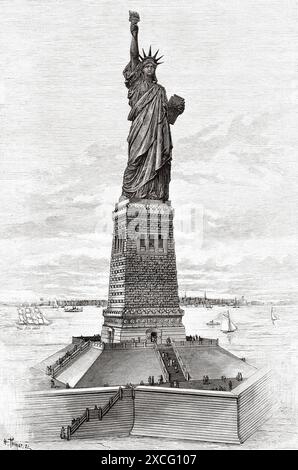 Statue de la liberté. Liberté éclairant le monde. Vue d'ensemble de la statue colossale de M. Bartholdi, dans le port de New York, États-Unis. Ancienne illustration gravée du XIXe siècle de la nature 1886 Banque D'Images