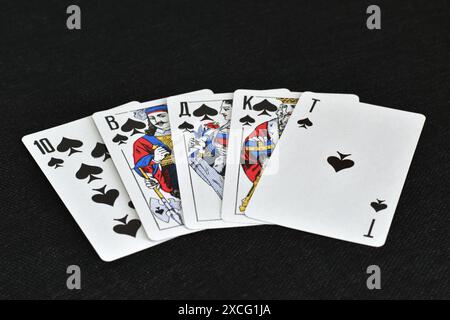 Combinaison gagnante au poker, Royal Flush. Blâme costume. Banque D'Images