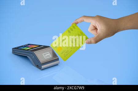 Paiement sans numéraire avec lecteur de carte de crédit de rendu 3d avec la main tenant la carte de crédit au point de vente Banque D'Images