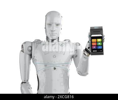 Concept de paiement sans espèces avec main robot de rendu 3D tenant le lecteur de carte de crédit isolé Banque D'Images