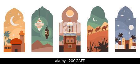 Fenêtres orientales en voûte. Ramadan kareem, cadres de style islamique avec paysages désertiques, architecture arabe, lanternes traditionnelles. Dessin animé de fêtes religieuses Illustration de Vecteur