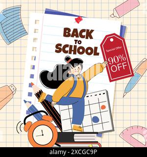 Concept de vente de retour à l'école avec des fournitures pour étudiants et scolaires excités, offre spéciale de réduction de 90 pour cent, illustration sur fond de grille, parfait Illustration de Vecteur