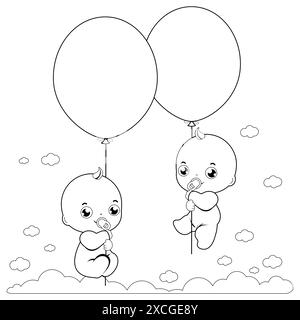 Bébés jumeaux dans le timide tenant des ballons. Fête de douche de bébé avec ballon dans le ciel. Coloriage noir et blanc Banque D'Images