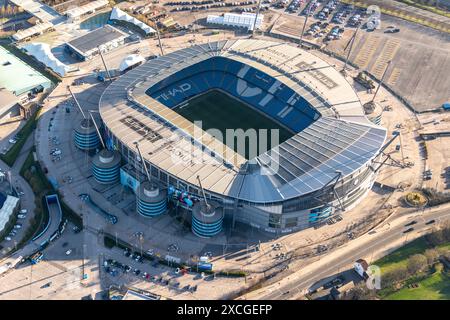 Photo aérienne du Manchester City Football Club Etihad Stadium de 1500 mètres Banque D'Images