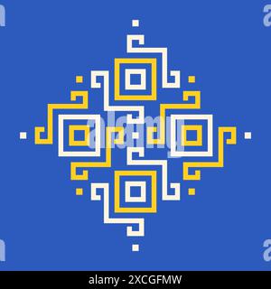 Logo pour le motif de broderie ukrainien traditionnel, icône de conception de logo vectoriel simple, couleurs bleues et jaunes, composition symétrique, formes géométriques, Illustration de Vecteur