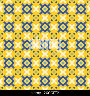 Motif d'art de pixel bleu, jaune, blanc avec ornement de broderie ukrainien traditionnel, illustration vectorielle de fond sans couture. Pr. Géométrique minimaliste Illustration de Vecteur