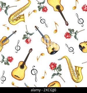 Motif musical sans couture avec instruments de musique, guitares, violons et saxophones, notes et couleurs. L'illustration aquarelle est faite à la main. Pour Banque D'Images