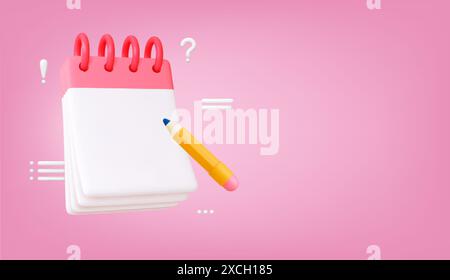 cahier 3d avec crayon. Pages blanches vides, idées d'actualités ou éducation. Modèle de maquette de calendrier, rendre la conception de bannière réaliste. Illustration vectorielle Illustration de Vecteur