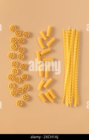 Assortiment de variétés de pâtes non cuites disposées en rangées sur un fond beige, présentant différentes formes Banque D'Images