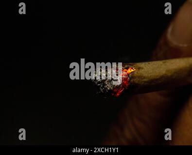 Plan macro d'une cigarette roulée allumée isolée sur le fond noir avec peu de flamme. Banque D'Images