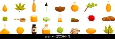 PROCEDE D'obtention D'huile de ricin PRESENTANT des graines de plantes vertes et un produit COSMETIQUE liquide en bouteilles et en pots Illustration de Vecteur