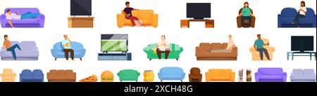 Icônes Lazy tv définies. Les gens profitent de leur temps libre assis sur un canapé confortable, regardant leurs émissions de télévision préférées, et mangeant de délicieuses collations Illustration de Vecteur