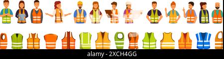 Ensemble d'icônes de gilet de sécurité. Groupe diversifié de professionnels portant des gilets de sécurité réfléchissants à haute visibilité debout et tenant des outils de construction Illustration de Vecteur