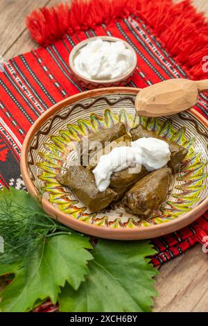 feuilles de vin rouleaux de viande emballés, cuisine balkanique sarma Banque D'Images
