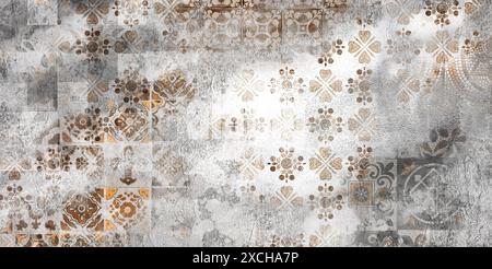 Vieux brun gris rouillé vintage usé géométrique Shabby mosaïque ornée de patchwork motif porcelaine carreaux de grès cérame pierre béton texture murale Banque D'Images