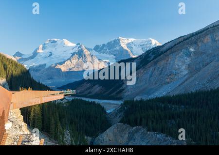 Skywalk du champ de glace Columbia. Montagnes Rocheuses enneigées en arrière-plan. Parc national Jasper, Alberta, Canada. Banque D'Images