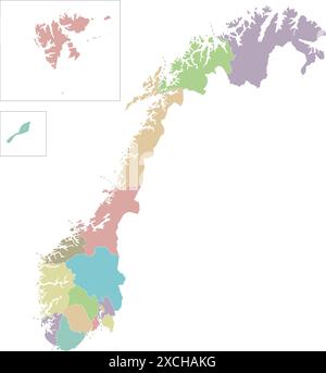 Carte vierge régionale vectorielle de la Norvège avec les comtés et territoires, et les divisions administratives. Calques modifiables et clairement étiquetés. Illustration de Vecteur