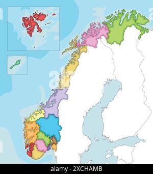 Vecteur illustré carte vierge régionale de la Norvège avec les comtés et territoires, et les pays voisins. Calques modifiables et clairement étiquetés. Illustration de Vecteur