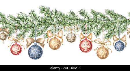 Boules d'arbre de Noël avec des noeuds de soie sur la branche d'épicéa. Bordure sans couture pour la conception du nouvel an. Illustration d'aquarelle dessinée à la main. PIN avec décoration Banque D'Images