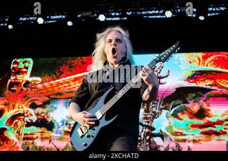 Marcus Siepen de Blind Guardian en concert au Release Athens Festival à Plateia Nerou / Grèce, juin 2024 Banque D'Images