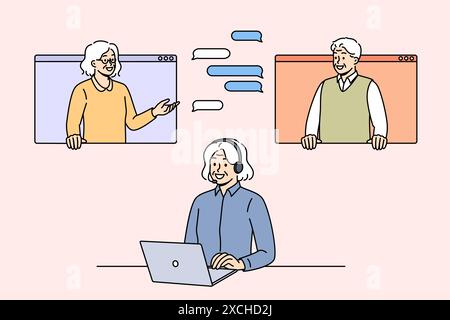 Les personnes âgées participent aux négociations en ligne par le biais de discussions virtuelles, en utilisant un ordinateur portable ou en regardant les fenêtres de l'ordinateur. Femme spécialiste de soutien en ligne répond aux clients par le biais de messages texte et audio Illustration de Vecteur