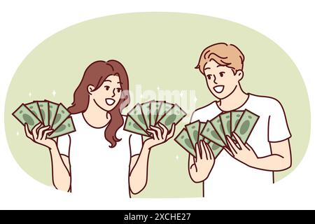 Homme et femme avec beaucoup d'argent dans les mains se vanter au sujet de l'argent qu'ils ont gagné des affaires ou gagnant jackpot à la loterie. Couple riches gars filles avec l'argent veulent investir l'épargne ou investir dans la mise en route Illustration de Vecteur