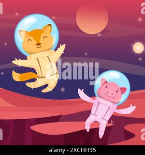 Animaux de l'espace dessins animés astronautes animaux drôles dans des costumes volant dans l'espace ouvert cosmos Illustration de Vecteur