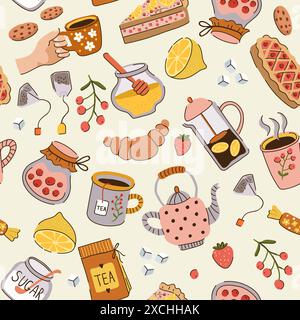 Motif de thé gâteaux de sucre au citron produits savoureux pour le vecteur de temps de thé fond sans couture Illustration de Vecteur