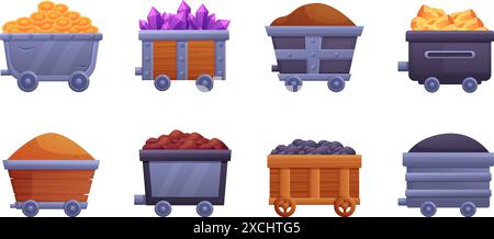 Chariots de mine de dessins animés. Différents chariots avec charbon, pièces d'or et pépites d'or, pierres précieuses et minéraux. Chariots en métal et en bois pour l'industrie minière Illustration de Vecteur