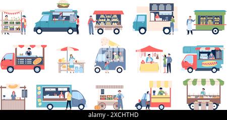Kiosque alimentaire et camions. Fourgonnettes et tentes pour le marché de la ferme, festival de la ville ou divertissement de rue. Crème glacée de boulangerie et hamburgers, pizza, vecteur récent Illustration de Vecteur