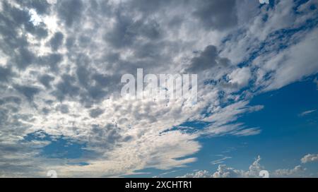 Nuage sur ciel bleu avec espace de copie. Nuages moelleux doux pastel avec espace vide pour bannière. Concept de rêve paradisiaque. Fond de ciel réel avec des nuages Banque D'Images