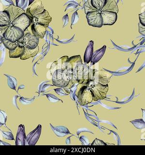 Aquarelle fleurs vert foncé et feuillage isolé sur gris. Motif floral gothique sans couture dessiné. Emballage d'art botanique avec hellebore, feuilles Banque D'Images