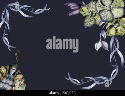Bordure florale sombre gothique dessinée à la main. Fleurs grises et illustration aquarelle de feuillage isolé sur noir. Art botanique avec papillon de papillons de nuit, feuilles Banque D'Images