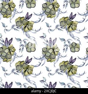 Aquarelle fleurs vert foncé et feuillage isolé sur blanc. Motif floral gothique sans couture dessiné. Emballage d'art botanique avec hellebore, feuilles Banque D'Images