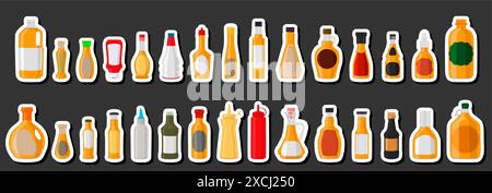 Illustration sur le thème grand kit bouteilles en verre variées remplies de vinaigre de pomme liquide, bouteilles composées de vinaigre de pomme, étiquettes vides pour les titres, vinaigre Illustration de Vecteur