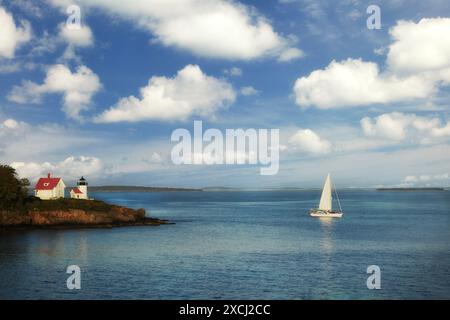 Phare de Curtis Island et voilier. Camden, Maine Banque D'Images