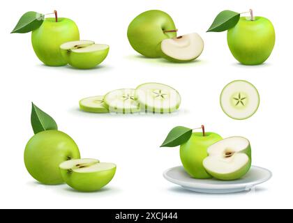 Pomme verte. Fruits avec feuilles. Légume brillant. Art brillant et juteux nourriture fraîche. Récolte saine de printemps et d'été. Produit naturel sucré. Entier et demi. Coupez les tranches sur l'assiette. Ensemble de pièces mûres vectorielles Illustration de Vecteur